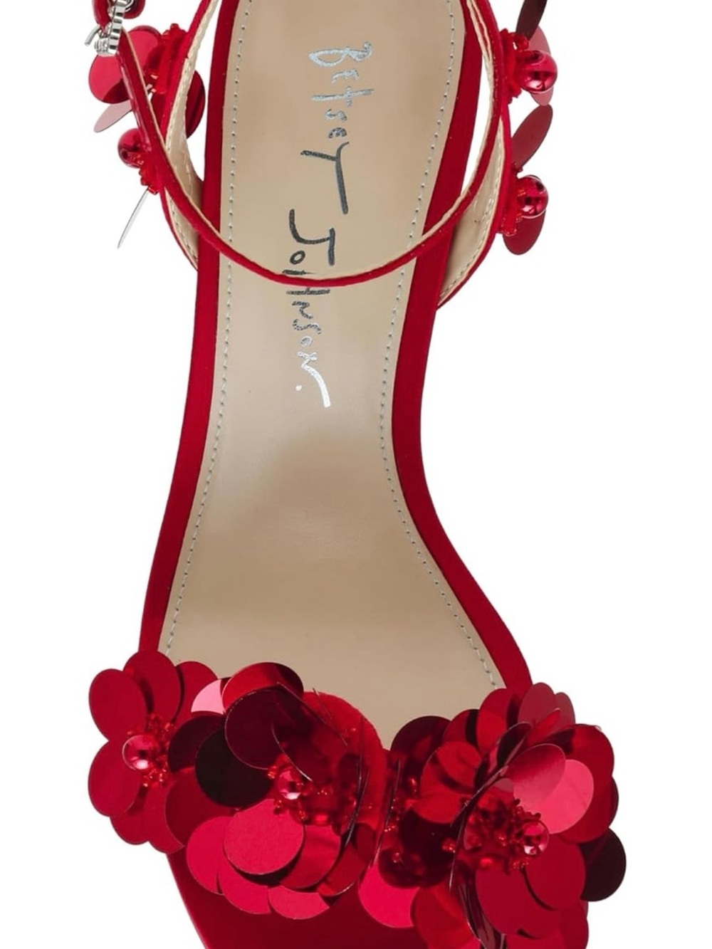 Betsey Johnson Red Floral Sequin Ankle-Strap High Heel Sandal - Picture 4 of 6